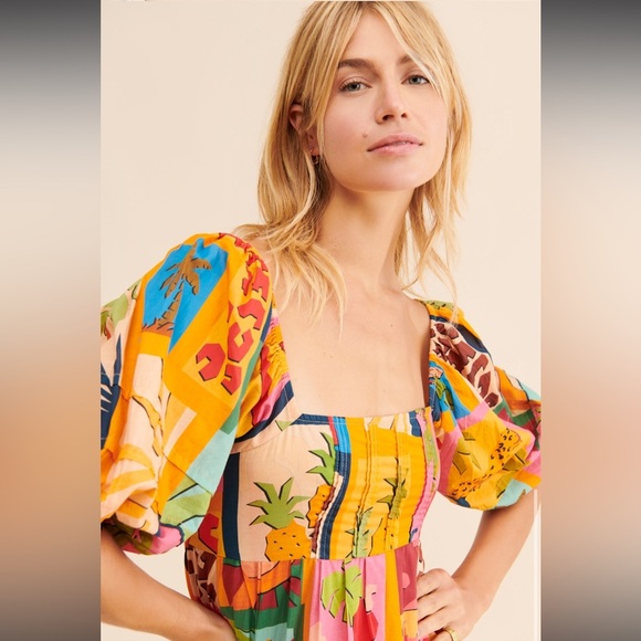 Farm Rio Tropical Collage Midi Dress Beach Maximalism Vacation Size Medium - Picture 2 of 10